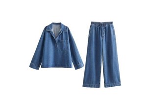 Women's 2024 New Fashion Casual Two Pieces Denim Set Denim Shirt Retro Lapel Long Sleeve Top and Pants Set Girls Denim Suit