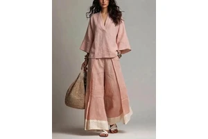 European and American Cross-border Cotton and Linen Casual Suit Women's Spring and Summer Cropped Sleeve Top Loose Contrast Colo