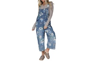 Channel Trendy Women 2026 Baggy Floral Print Cropped Denim Bib Overalls Jeans Casual Distressed Wide Leg Overall Jumpsuit