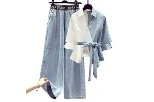 Casual Fashion Suits Women Set Splicing Shirt Loose Jeans Two-piece Suit Large Size Matching Sets Pant Suits