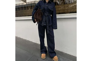 Denim Sets Stylish Clothing Women Denim Jacket Lapel Trousers Two Piece Jeans Set