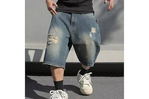 Custom Man Cotton Casual Vintage Wash Ripped Straight Leg Jorts Jean Shorts Men Distressed Blue Denim Shorts for Men