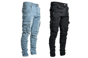 Mid Waist Men's Straight Denim Cargo Jeans Slim Fit Elastic Stretch Zipper Fly Casual Sustainable Long Pant Side Pockets