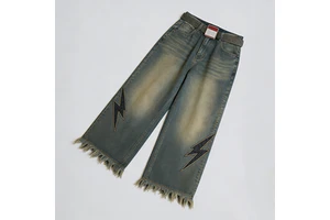 Wholesale Men's Straight Denim Jeans Rivet Embroidery Stonewashed Lightning Patch Frayed Hem Fashion Street Style Pants Factory