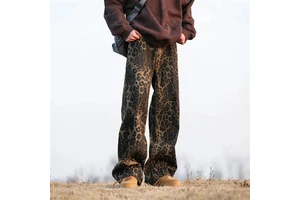 Men's Leopard Wide Leg Print Denim Jeans Vintage Washed Baggy Pants Streetwear Loose Fit Trousers High Waist Wholesale Relax
