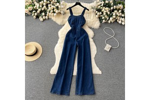 Casual Denim Long Jumpsuits Summer High Waist Vintage Jump Suits Ladies Retro Overalls One Piece Wholesale