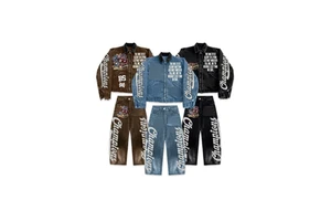 TIFORD Men's Denim Jacket Pants Set Embroidered Champions 23 Streetwear Zipper-Up Regular Fit Spring Wear