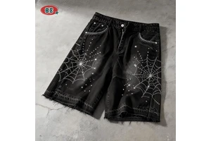 Distressed Men's Denim Shorts Black Wholesale Streetwear Rhinestone Baggy Hot Sale Custom Vintage Wash Jeans Shorts for Men
