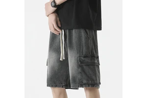 High Quality Men's Denim Shorts Straight Elastic Waist With Drawstring Plain Blank Washed Denim Shorts Men