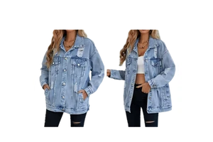 Women's New Oversized Quilted Denim Jacket Boyfriend Solid Pattern Cotton Autumn Winter Spring Button Closure