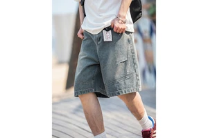 Men's 3D Panelled Pleated Heat-Transfer Printed Cotton Denim Cargo Pants Shorts Light Wash Distressed Wide Leg Baggy