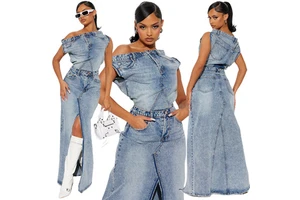 BR4883 Women's Casual Solid Color Suit Vintage Split Denim Skirt Suit Two-piece Set