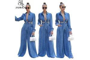 Autumn Fashion Slim Denim Long Sleeve Lapel Crop Top and Wide-Leg Pants Casual Two-Piece Set Street Wear Denim Suit