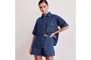 D&M Spring Summer Vintage Casual Breathable Windproof Regular Fit Loose Pocket Short Sleeve Shirt Shorts Denim Suit Women Custom