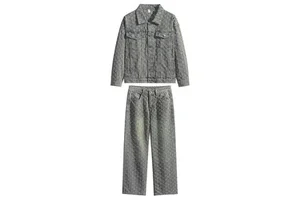 New Men's Denim Suit - Versatile Spring-autumn Jacket with Jacquard Pattern, Casual and Trendy Polo Shirt, Wide-leg Pants