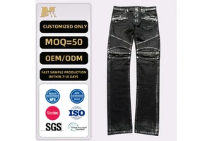 Men's Black Biker Distressed Jeans Ribbed Knee Wax Coated Denim Pants Zipper Pocket Streetwear Trousers OEM ODM Wholesale