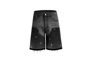 Custom Men's Rhinestone Stud 100% Cotton Denim Shorts Embroidery High Street Hip Hop Jorts Summer Sparkle Streetwear
