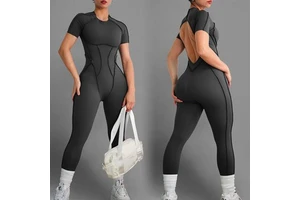 Custom Sports Bodysuits&Jumpsuits Backless Sports Yoga Rompers Gym Fitness Short Sleeve One Piece Jumpsuit for Women's Clothing