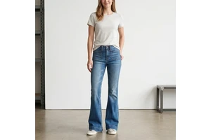 Women's High-Waisted Flared Blue Stretchy Denim Jeans 5-Pocket Style Comfortable Western Fitted Ankle Boots Stylish