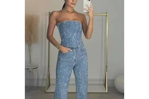 Women Denim Suit Sexy Neckline Strapless Rhinestone Crop Top Straight High Rise Wide Leg Jeans Acid Wash Denim Jeans Women's Set