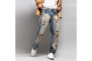 Men's High Waist Ripped Distressed Denim Jeans Straight Fit Cotton Casual Trousers Midweight Breathable With Pockets