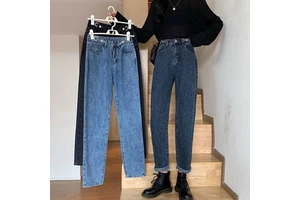 Women's Harem Jeans High Waist Cropped Straight Daddy Pants Breathable Denim Streetwear with Solid Pattern