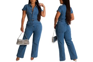 Denim Straight Jumpsuit Sexy Women Turn Down Collar Elegant Wide Legs Jeans Casual Party Romper Overalls