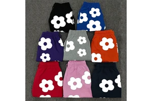 Trendy Casual Brand Collection Men's Unique Denim Letter Pattern Shorts Set Mid Waist 100% Cotton Drawstring Puff Anti-Wrinkle