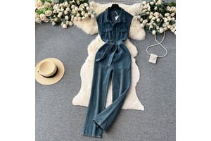 Sleeveless Casual Denim Long Jumpsuits Summer High Waist Vintage Jump Suits Ladies Retro Overalls One Piece Wholesale