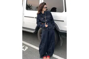 Trendy Women's Autumn Denim Set Breathable Washable Vintage Streetwear 2 Piece Outfit High Waisted Loose Solid Color