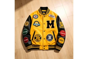 OEM Retro 90s Hip Hop Multi-Patch Varsity Bomber Jacket Streetwear Wool Body Leather Sleeve Logo Embroidered Letterman Jacket
