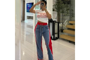 BR4630 Women's Contrast Color Stitching Jeans Drawstring Waist Casual Loose Straight Pants