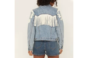 LARSUR Custom Factory Denim Jacket with Suede Fringe Tassel Distress Wash Button up Long Sleeves Jean Jacket for Women