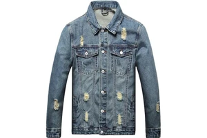 Men's Denim Jacket, Ripped Slim Fit Trucker Jean Jacket for Men