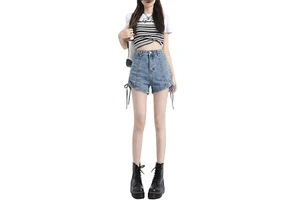 Women's High Waisted Denim Shorts with Side Drawstring, Slim Fit Casual Streetwear Summer Short Jeans