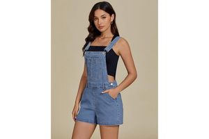 2025 Women's Summer High Jean Shorts Baggy Adjustable Straps Bib Stretchy Denim Overall Jumpsuits Pockets