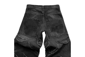 High-quality Black Stone-washed Straight-leg Biker Denim Jeans For Men, Custom Tailored Ripped Jeans Belt Hip-hop Style
