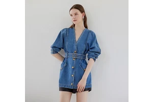 Custom Women Denim Dress Suit Buckle Belt Ladies Denim Coat Long Sleeve Blue Jeans Jackets