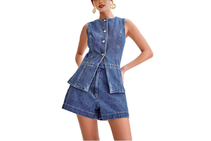 Women's Elegant Vintage Summer Outfits Two-Piece Denim Jean Vest and Short Suit with Button Decoration