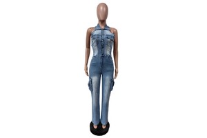 Blue Denim Fashion Straight Pants One Piece Denim Jumpsuit Women Washed Halter Pocket Female Cowboy Overalls