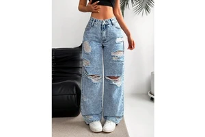 Custom Logo Acid Washed Women Distressed Holes Denim Jeans Ladies High Waist Wide Leg Pants