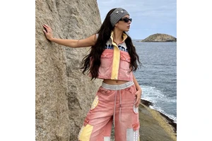 8049/Vintage Washed Pink Contrast Panel Cropped Vest With Matching Patchwork Pants Casual Daily Street Fashion Set