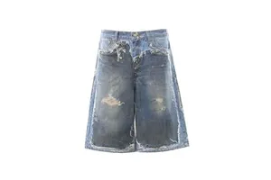 High Street American Unisex Sophisticated Washed Print Shorts Men's Loose Cropped Mid Waist Denim Casual Hip Hop Breathable Pant