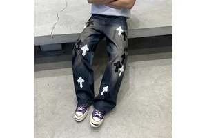 American-style Vintage Distressed Denim Loose Fit Low Waist Straight-leg Cross-embroidered Designer Men's Long Trousers