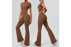 Short Sleeves Half-Zip Flare Pants Fitness Gym Bodysuit Ladies Side Pockets Pilates Yoga Jumpsuit & Workout Romper