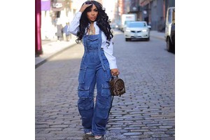 Women's High Waist Loose Fit Denim Overalls Dungarees Spring Summer Casual Streetwear Jumpsuit with Multiple Pockets Quick Dry