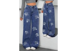 European Women's Fashion Denim Jeans 2026 New Solid Mid Waist Button Summer Eco-Friendly Loose Wide Leg Pants