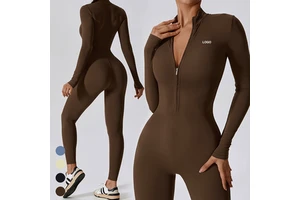 OEM Ropa Deportiva Front Zipper Bodysuits Long Sleeve One Piece Gym Fitness Wear Workout Slim Fit Zip Yoga Jumpsuit