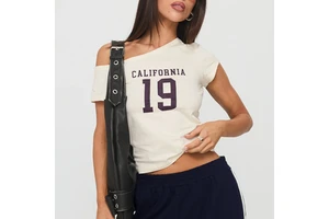 Women's White Graphic Hipster Crop Tops O-Neck Slim Fit Short Sleeve Asymmetrical Neck Breathable Summer Cutout Design