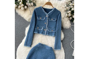 IHOOV Wholesale Frayed Stylish Short Women Denim Jacket Jeans Skirt 2 Piece Set Women